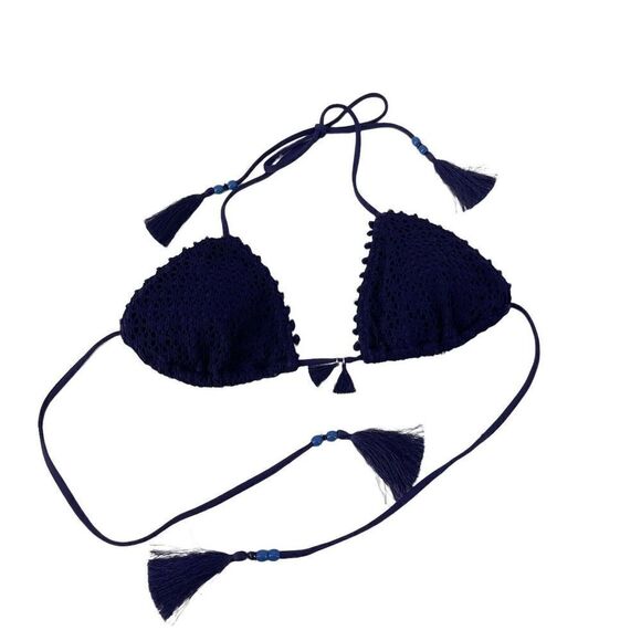 Victorias Secret Teeny Triangle Bikini Top Navy Blue Tassel Crochet Lace Size M - Picture 2 of 10
